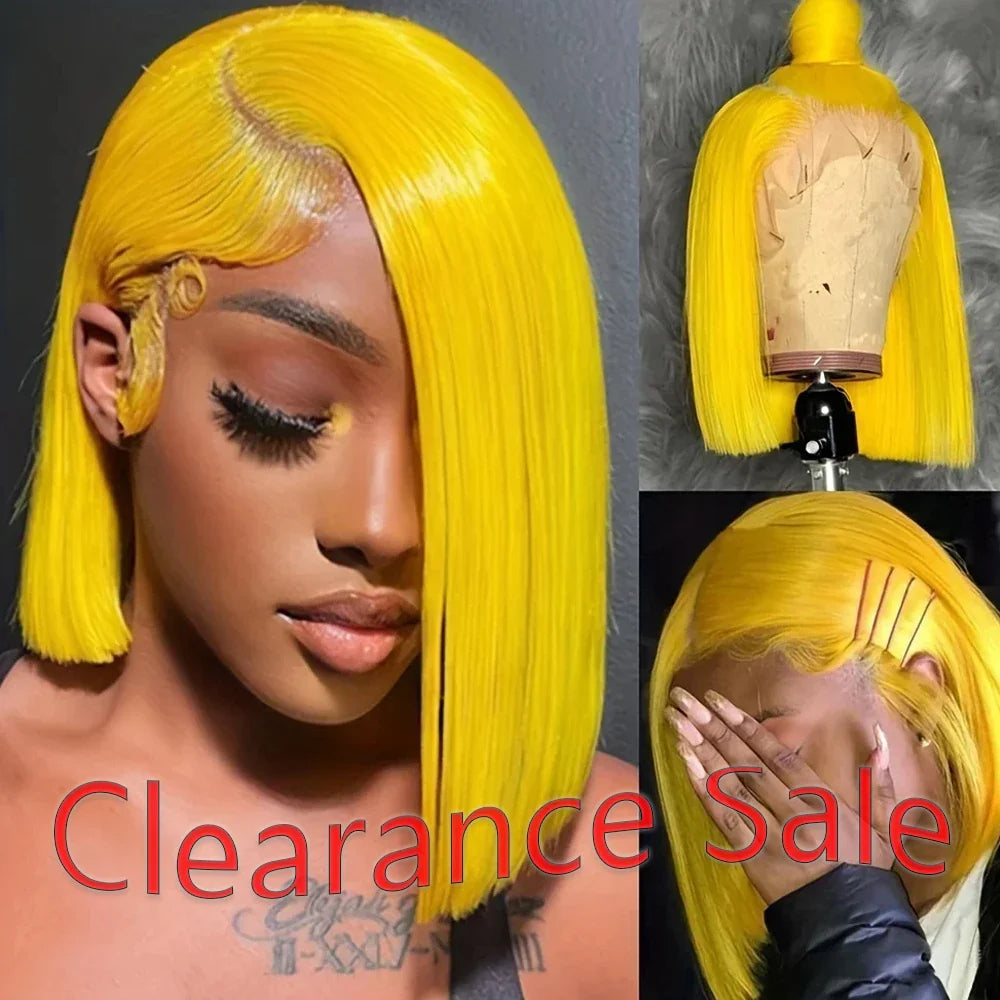 Straight Lace Bob Wig Yellow 13x4 Lace Front Human Hair Wig For Women Transparent Short Bob Wig Pixie Cut Brazilian 220% Density