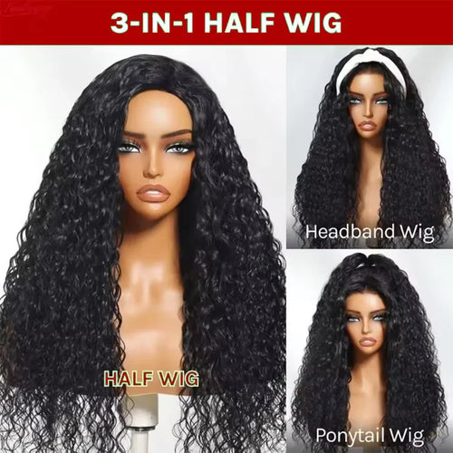 16 Inch Curly Half Wig Human Hair 3 IN 1 Seamless Flip Over Half Wig Human Hair Water Wave Human Hair Drawstring Wig 200 Density
