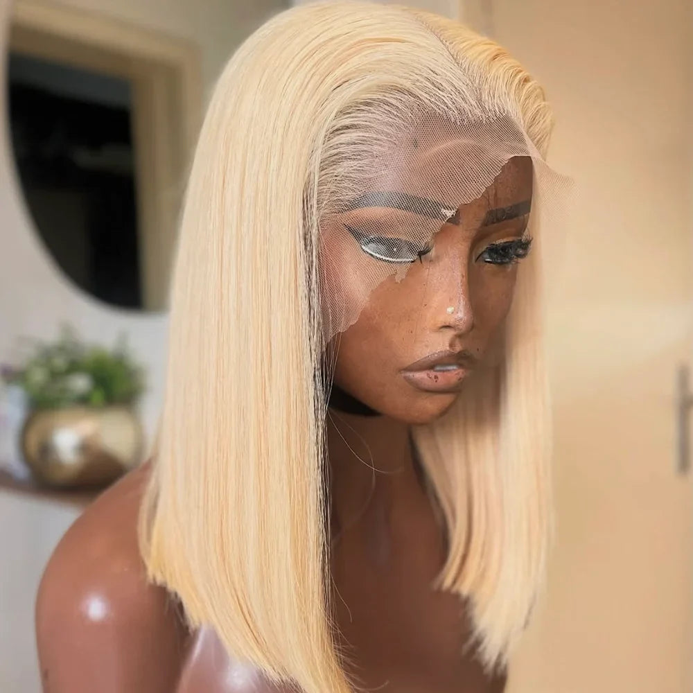 220% Density 613 Honey Blonde Straight Short Bob Wig Brazilian Hair 13x4 Lace Front Human Hair Wig Pre Plucked with Baby Hair