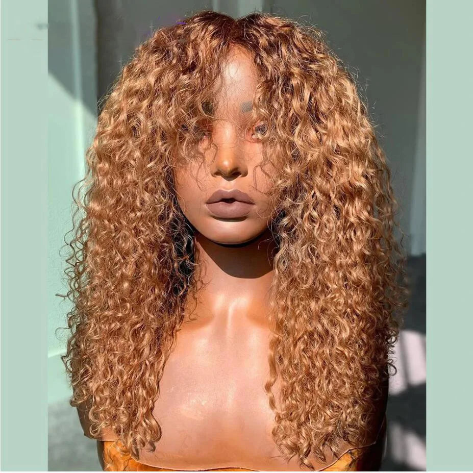 Honey Blonde Soft 26“Long Kinky Curly 180Density Machine Wig With Bangs For Black Women High Temperature Cosplay Glueless Daily