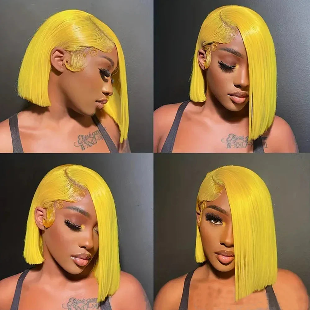 Straight Lace Bob Wig Yellow 13x4 Lace Front Human Hair Wig For Women Transparent Short Bob Wig Pixie Cut Brazilian 220% Density