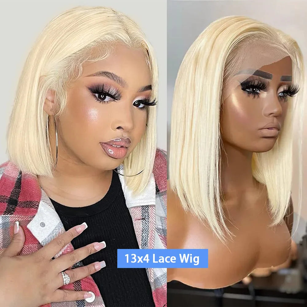 220% Density 613 Honey Blonde Straight Short Bob Wig Brazilian Hair 13x4 Lace Front Human Hair Wig Pre Plucked with Baby Hair