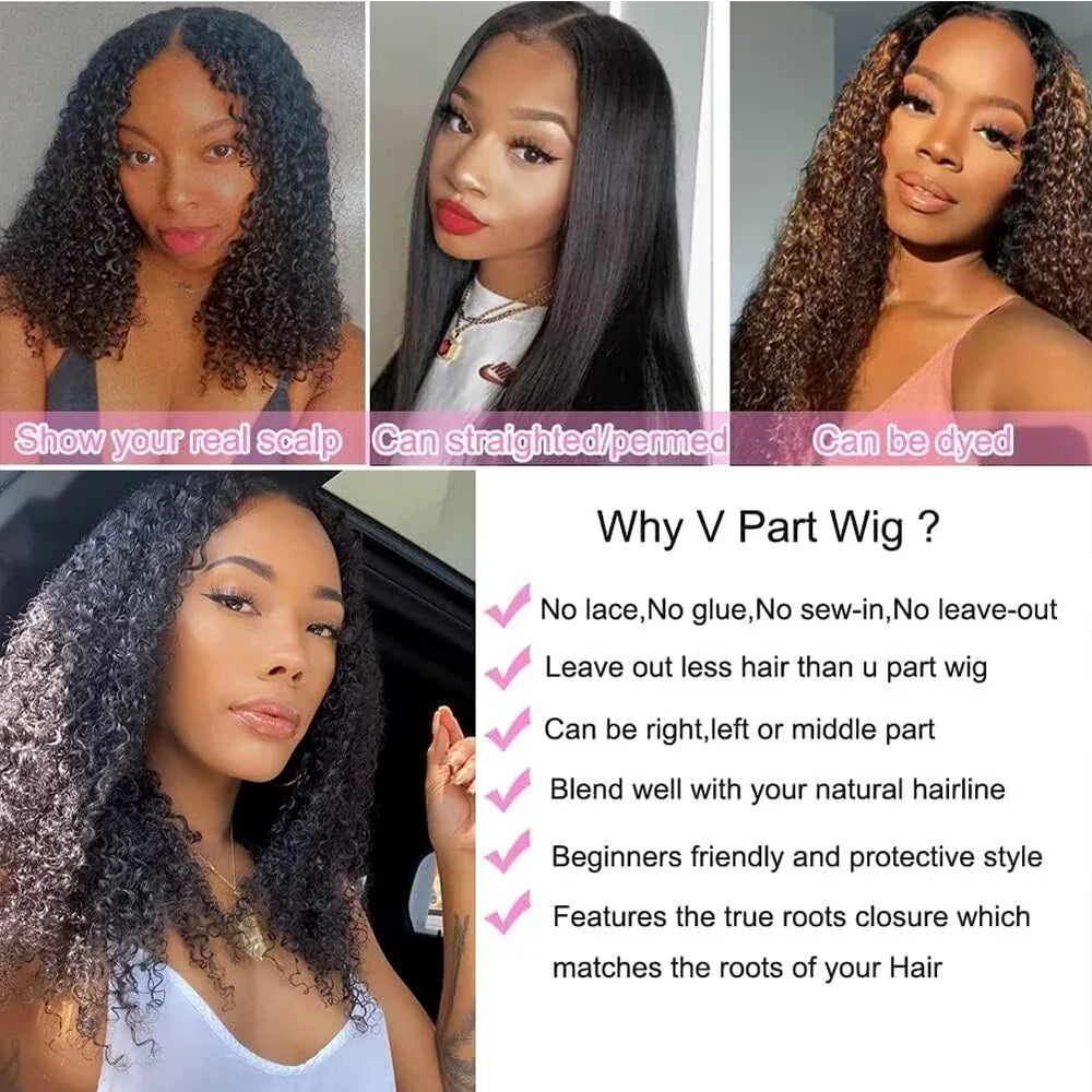 200% Density Afro Kinky Curly Human Hair V Part Wig for Africa-American Women V Part Wig Easy Install Machine Made SewIn Wig